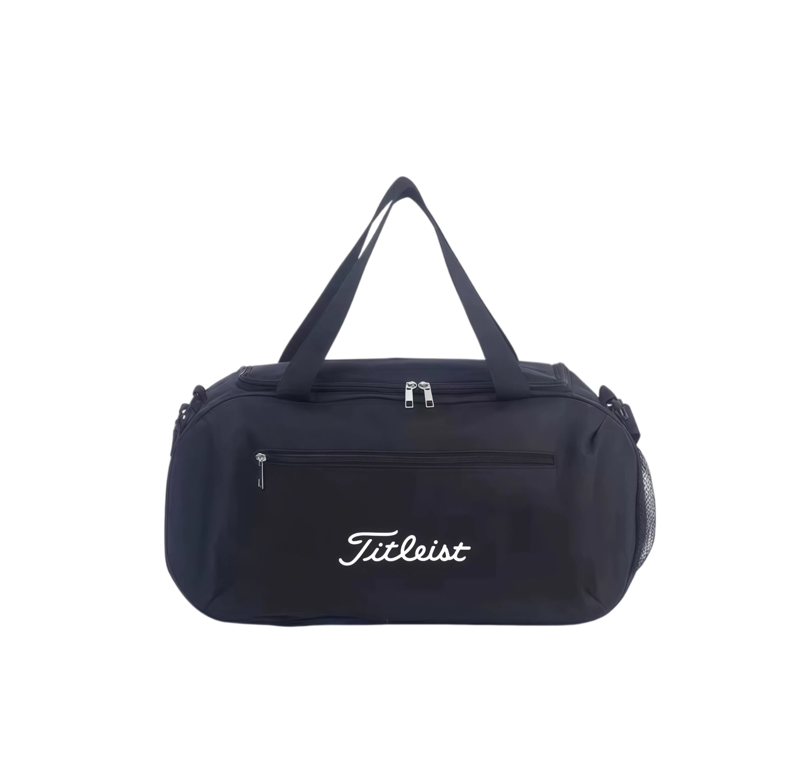 All-black Titleist Core Golf Boston Bag with white embroidered logo. Durable nylon construction with dual-zip main compartment and front zip pocket. Ideal for men and women.