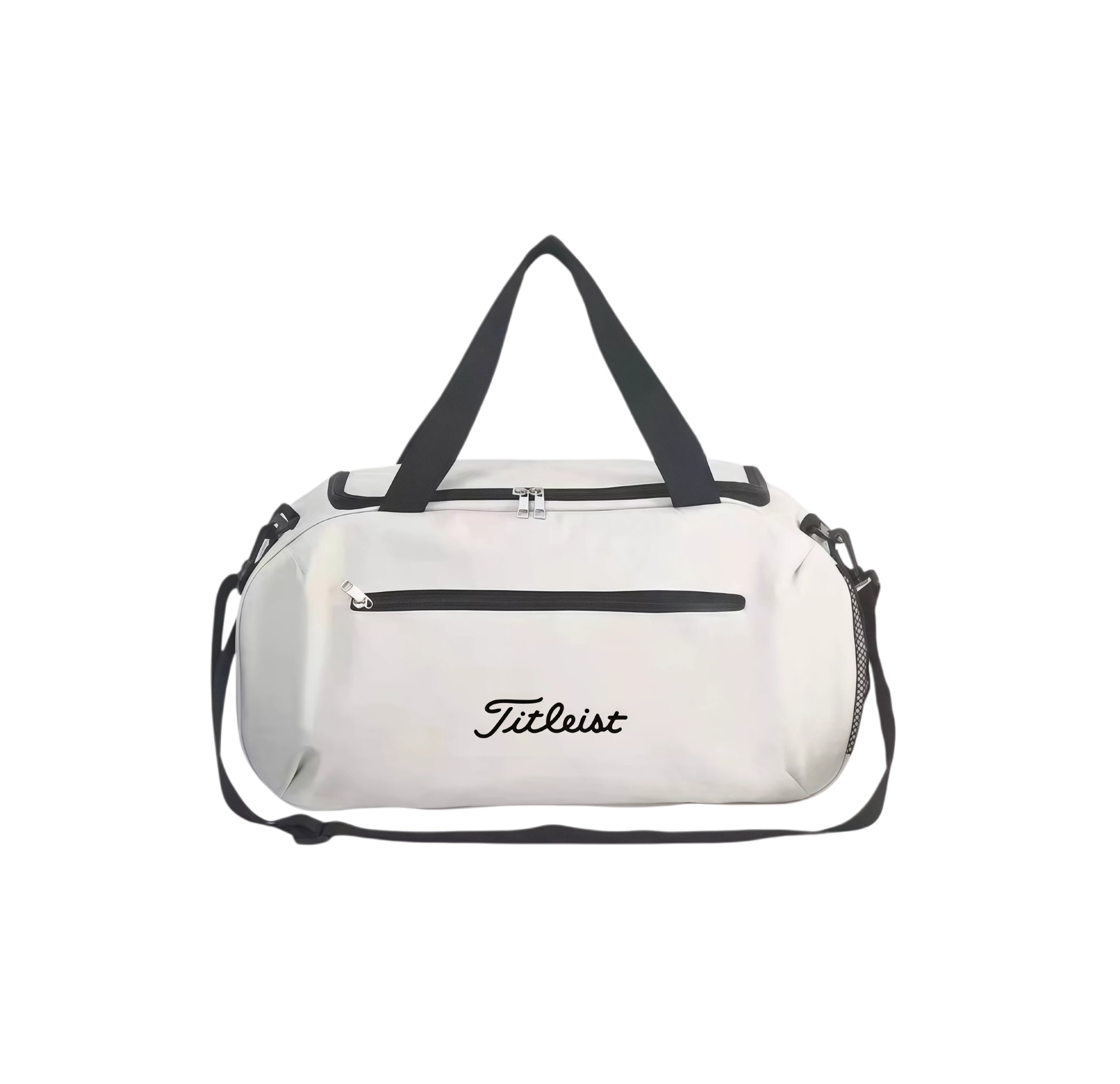 White Titleist Core Golf Boston Bag with black trim and embossed logo. Includes top handles, front zip pocket, and detachable shoulder strap for hands-free carrying.
