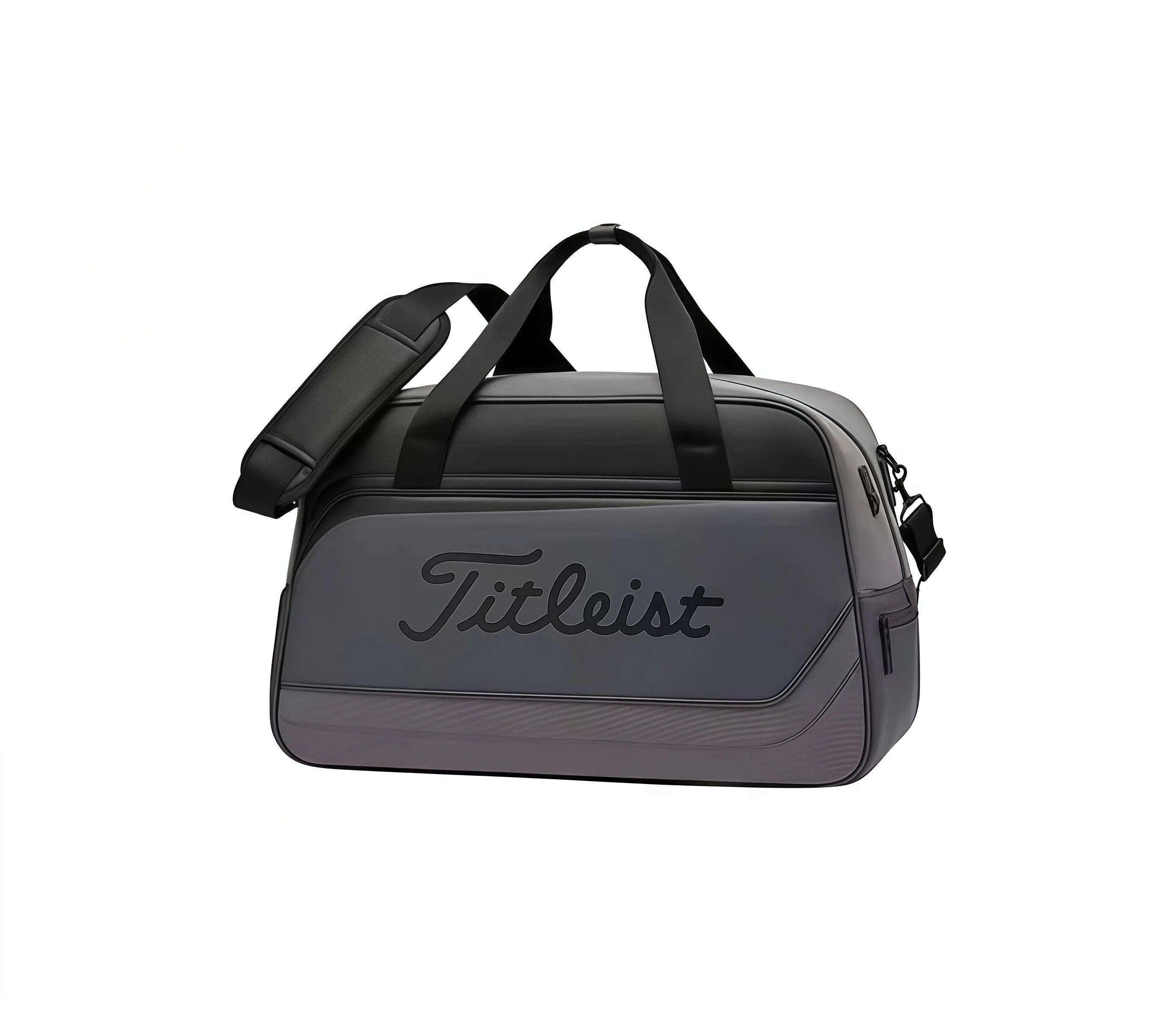 Dark grey and matte black Titleist Duffel Bag with tonal "Titleist" script logo. Designed for understated elegance and durability. Includes zippered compartments and adjustable shoulder strap.