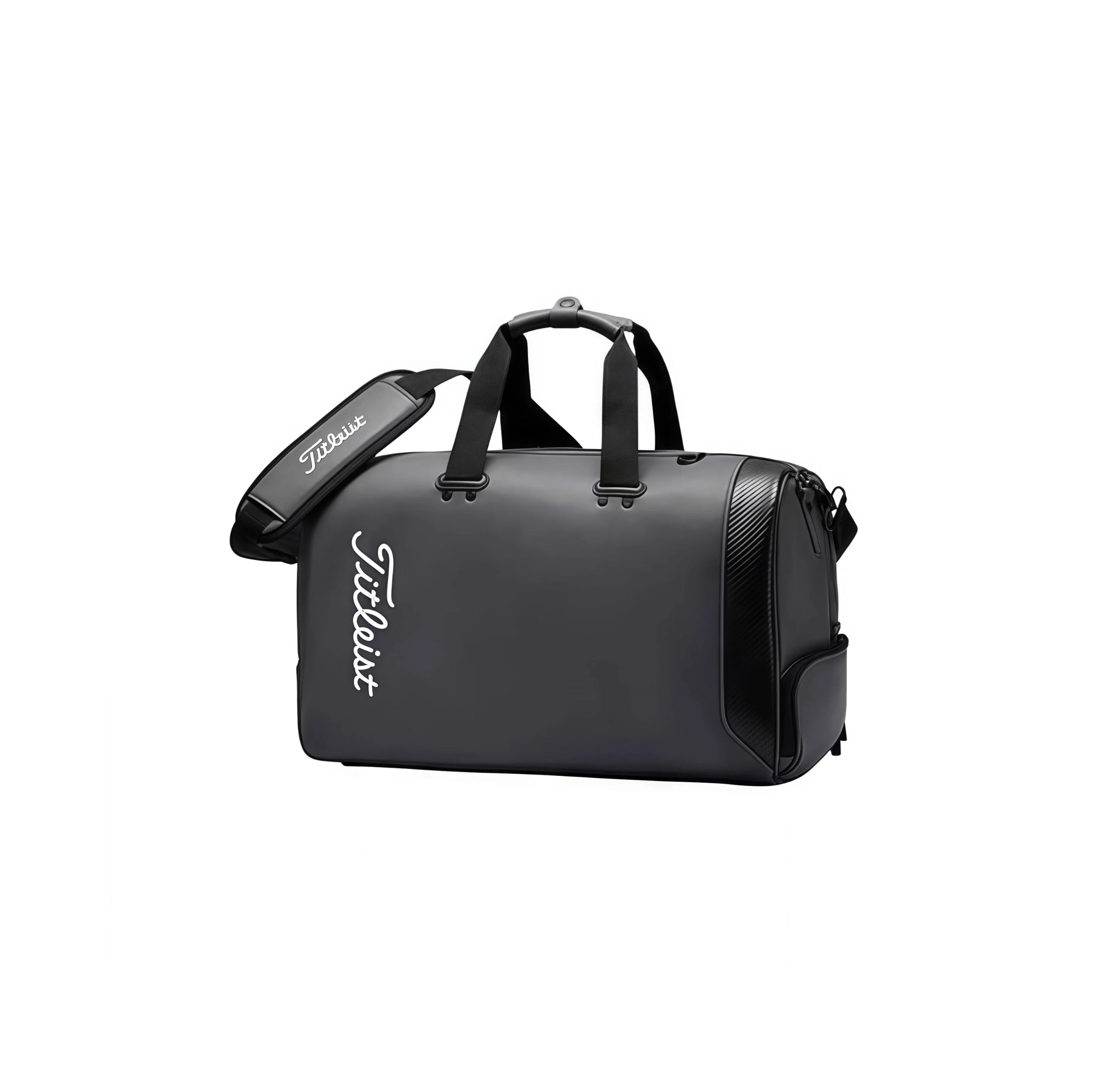 Dark gray Titleist Golf Boston Travel Bag with subtle sheen, white logo, and durable construction. Includes dual handles and padded shoulder strap for comfortable transport.