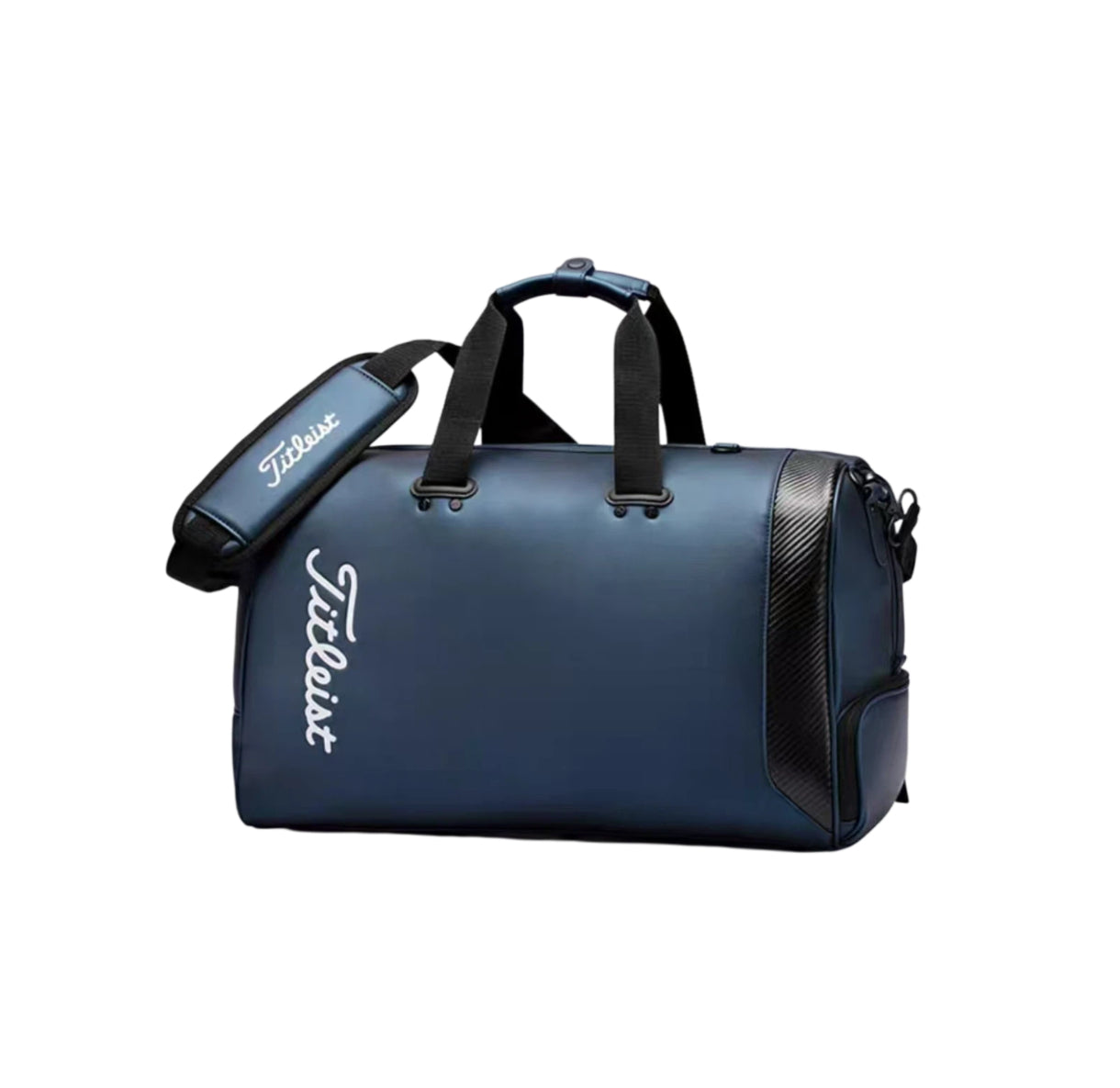 Front view of the navy blue Titleist Golf Boston Travel Bag featuring a sleek design, white "Titleist" logo, dual top handles, detachable shoulder strap, and carbon fiber-style accent panel. Ideal for golfers seeking style and function.
