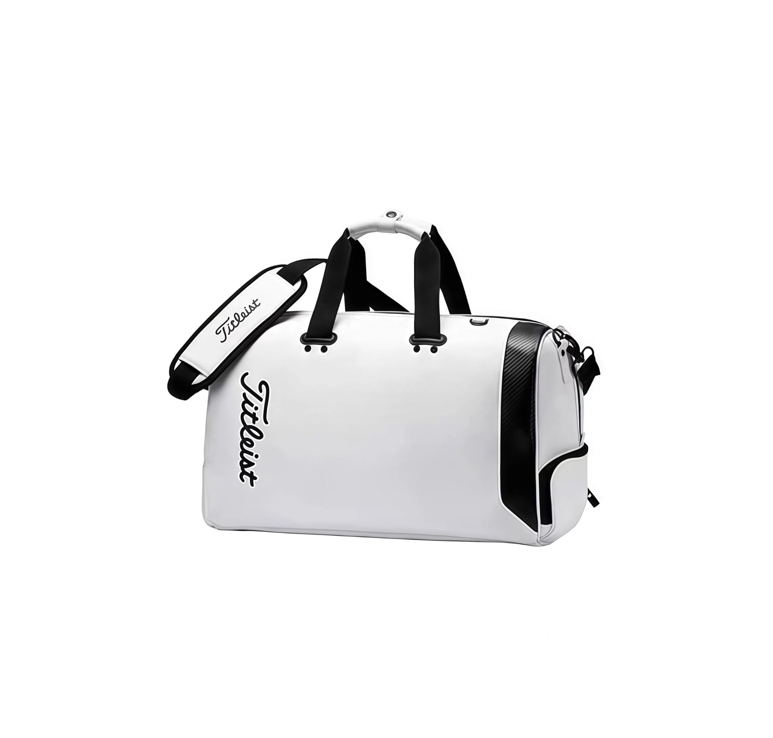 White Titleist Golf Boston Travel Bag with black trim, carbon fiber-style side panel, and elegant black "Titleist" script logo. Features dual handles and removable shoulder strap for easy carrying.