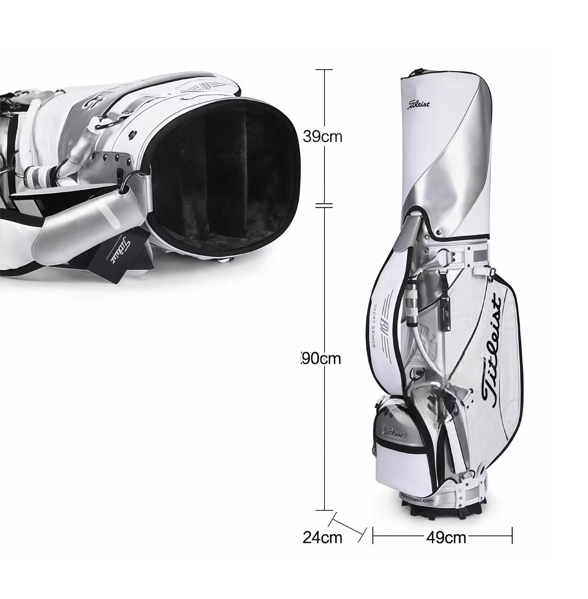 Size diagram of the Titleist Heritage Cart Bag showing dimensions: 90cm height, 49cm width, 24cm depth, and 39cm top opening. Designed to fit standard golf carts and trolleys with ease.
