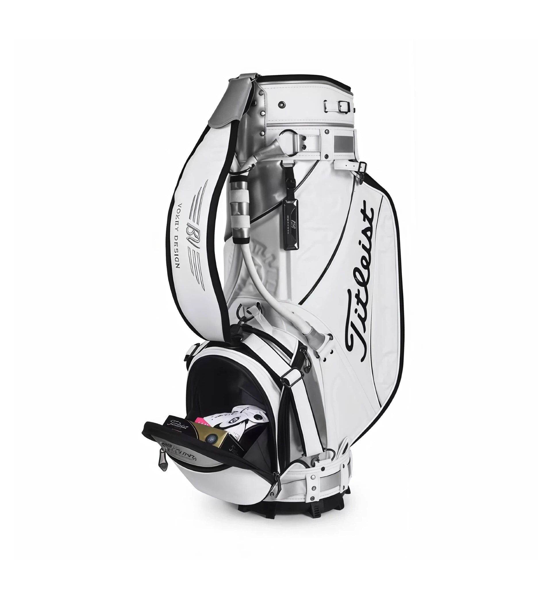Side view of the Titleist Heritage Cart Bag showing open accessory pocket with golf balls, tees, and gloves. Highlights the padded shoulder strap, "Vokey Design" branding, and sleek silver trim. Perfect for organized storage.
