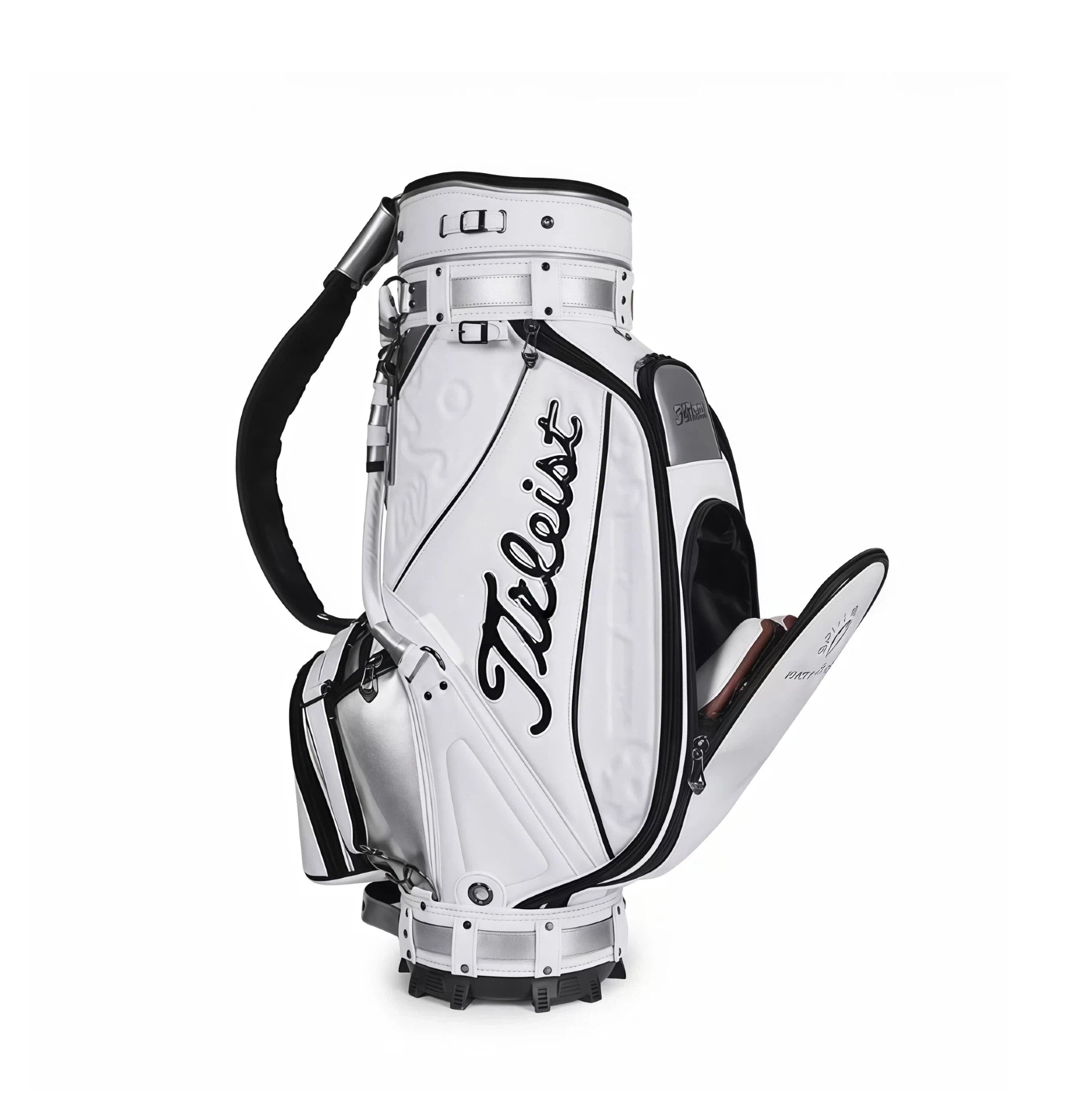 Front view of the Titleist Heritage Cart Bag with open top compartment showing club dividers and internal organization. Features the "Titleist" logo, padded shoulder strap, and reflective silver accents. Ideal for golfers who need order on the course.