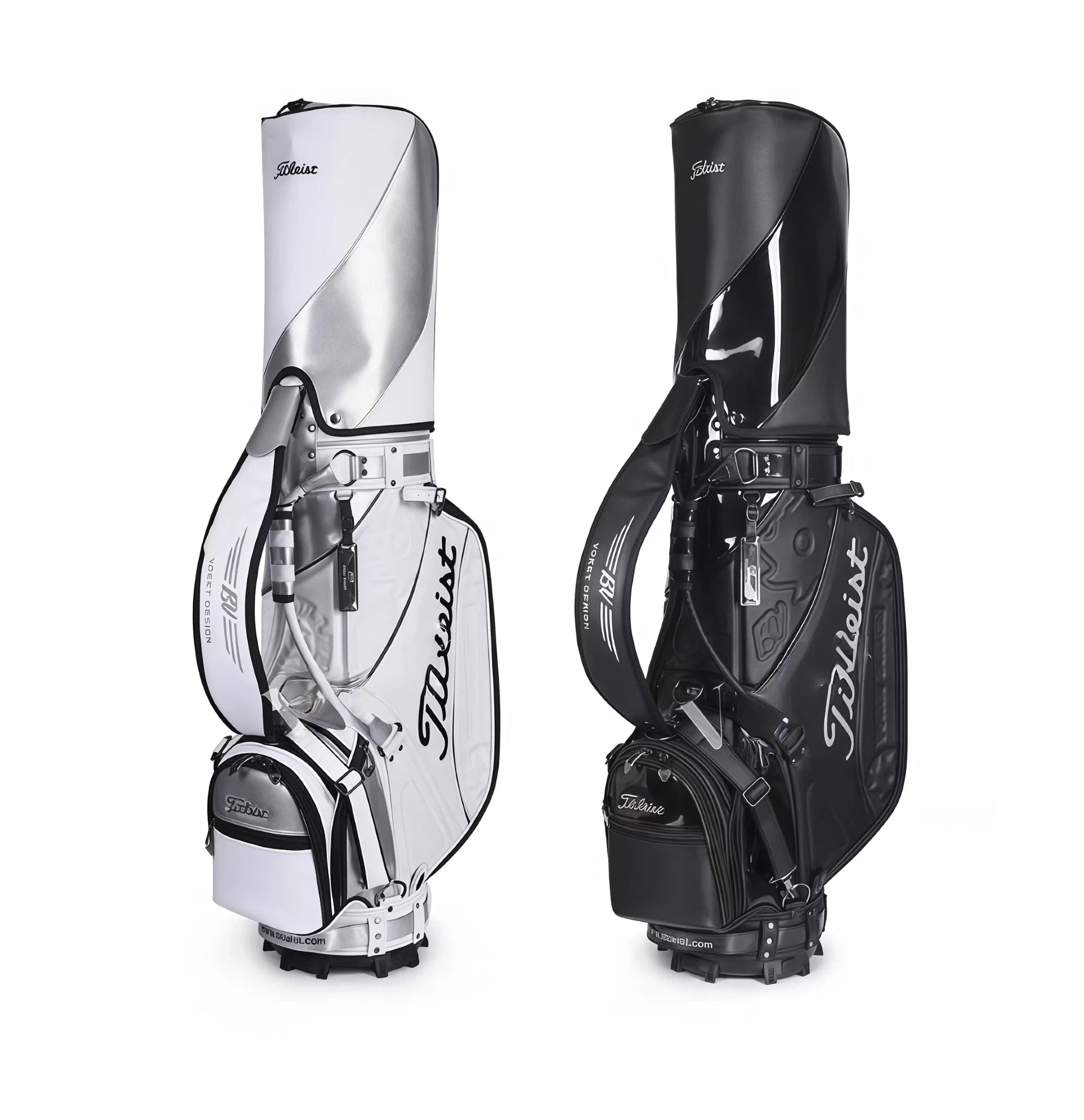 Side-by-side comparison of the Titleist Heritage Cart Bag in white/silver and black/glossy finishes. Both feature the "Titleist" script logo, Vokey Design elements, dual straps, and reinforced base. Choose your preferred style.
