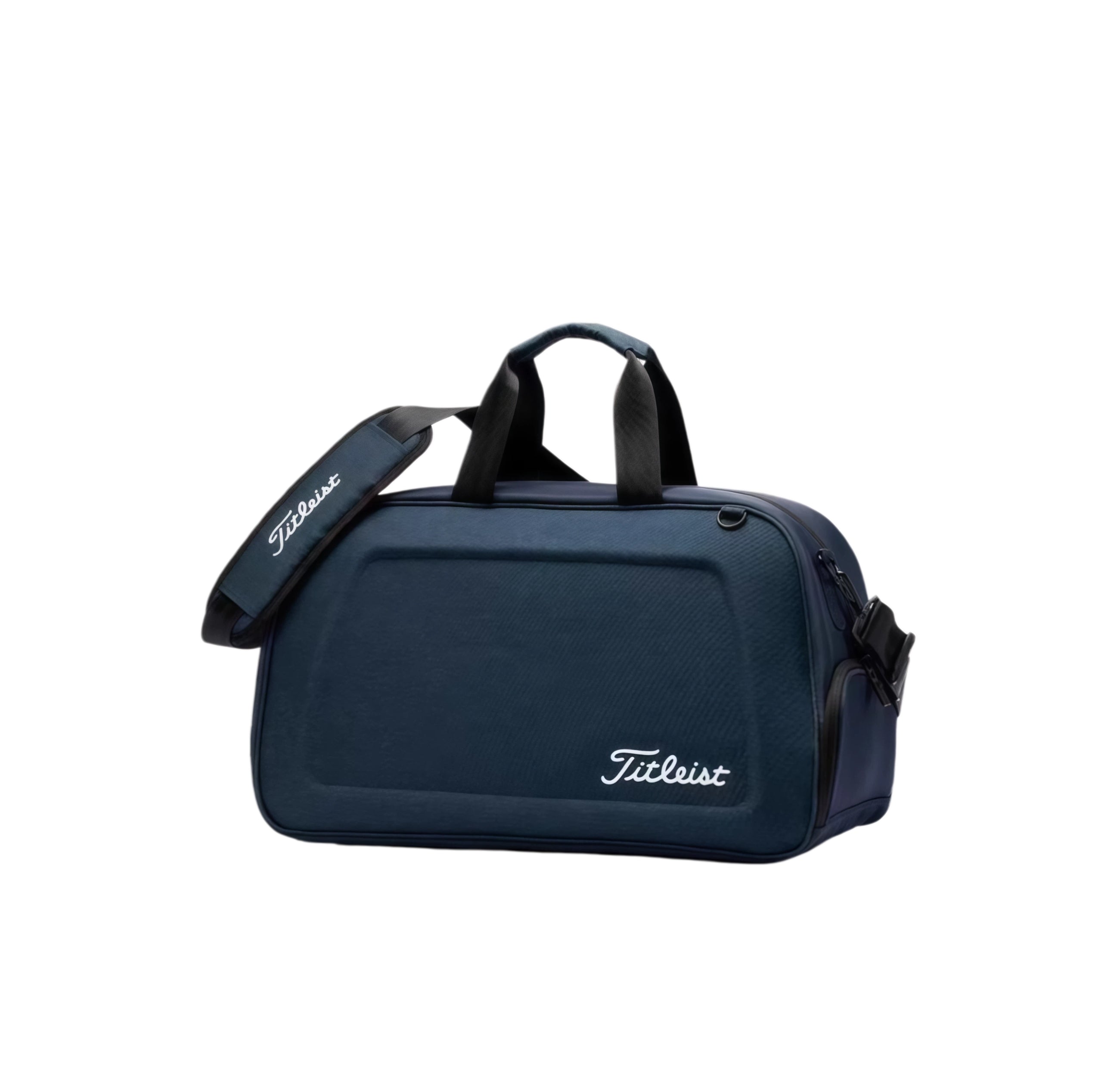 Navy blue Titleist hard-shell duffel bag with carbon fiber texture, white embroidered logo, and removable shoulder strap. Ideal for golf, gym, or weekend travel.
