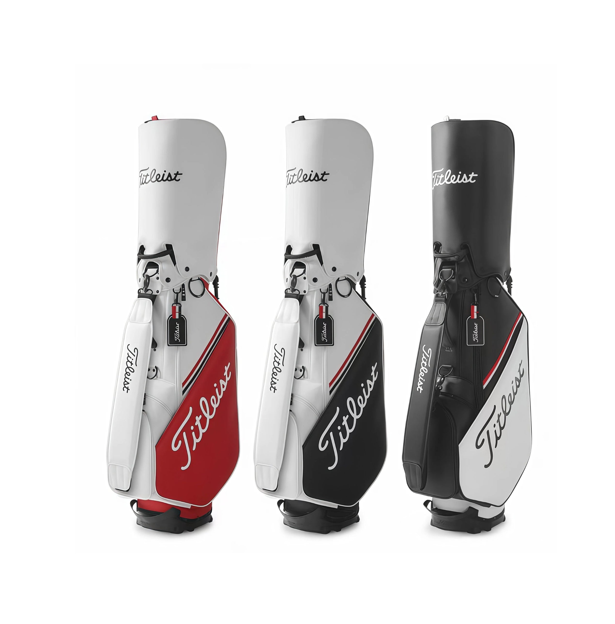 Three-color options of the Titleist Players 4 Plus Stand Bag: white/red, white/black, and black/silver. Each features the iconic "Titleist" script logo and classic design. Perfect for personalizing your golf gear.