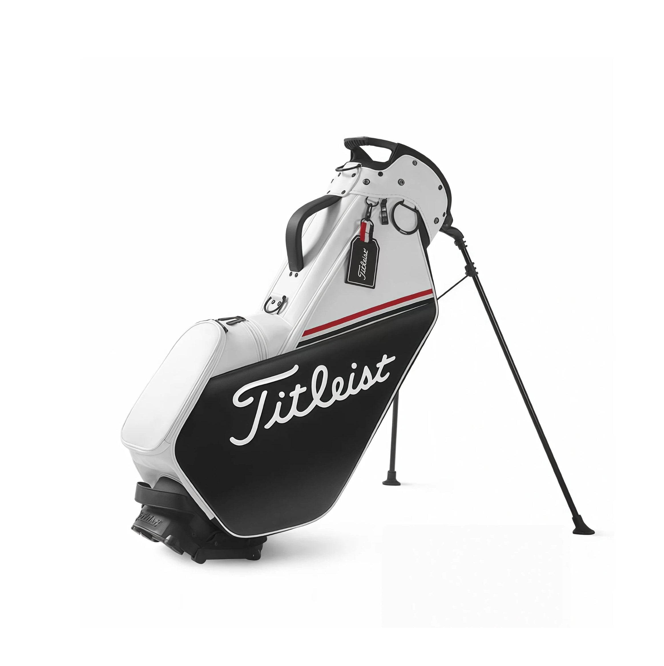 Front view of the Titleist Players 4 Plus Stand Bag in white and black. Shows the large "Titleist" logo, side pocket, and dual-strap system. Built for comfort and functionality.