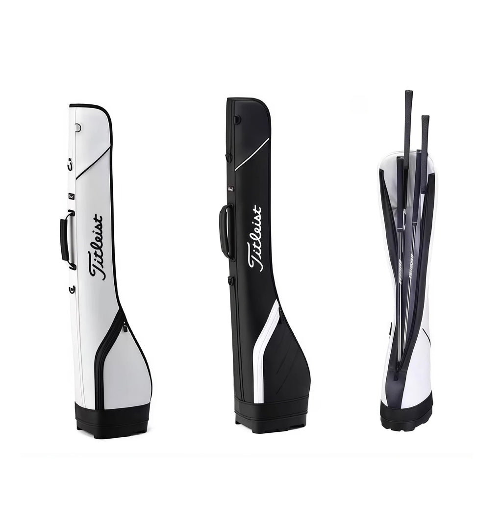 Three-view display of the Titleist Premium Carry Bag: white version, black version, and open view showing internal storage. Highlights the slim profile, reinforced base, and protective interior for golf clubs.
