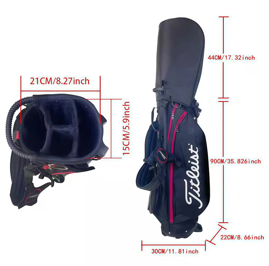 Detailed size chart of the black Titleist carry golf bag showing dimensions: 90cm (35.8in) height, 30cm (11.8in) width, and 44cm (17.3in) head opening. Includes interior view with club dividers and padded compartments.