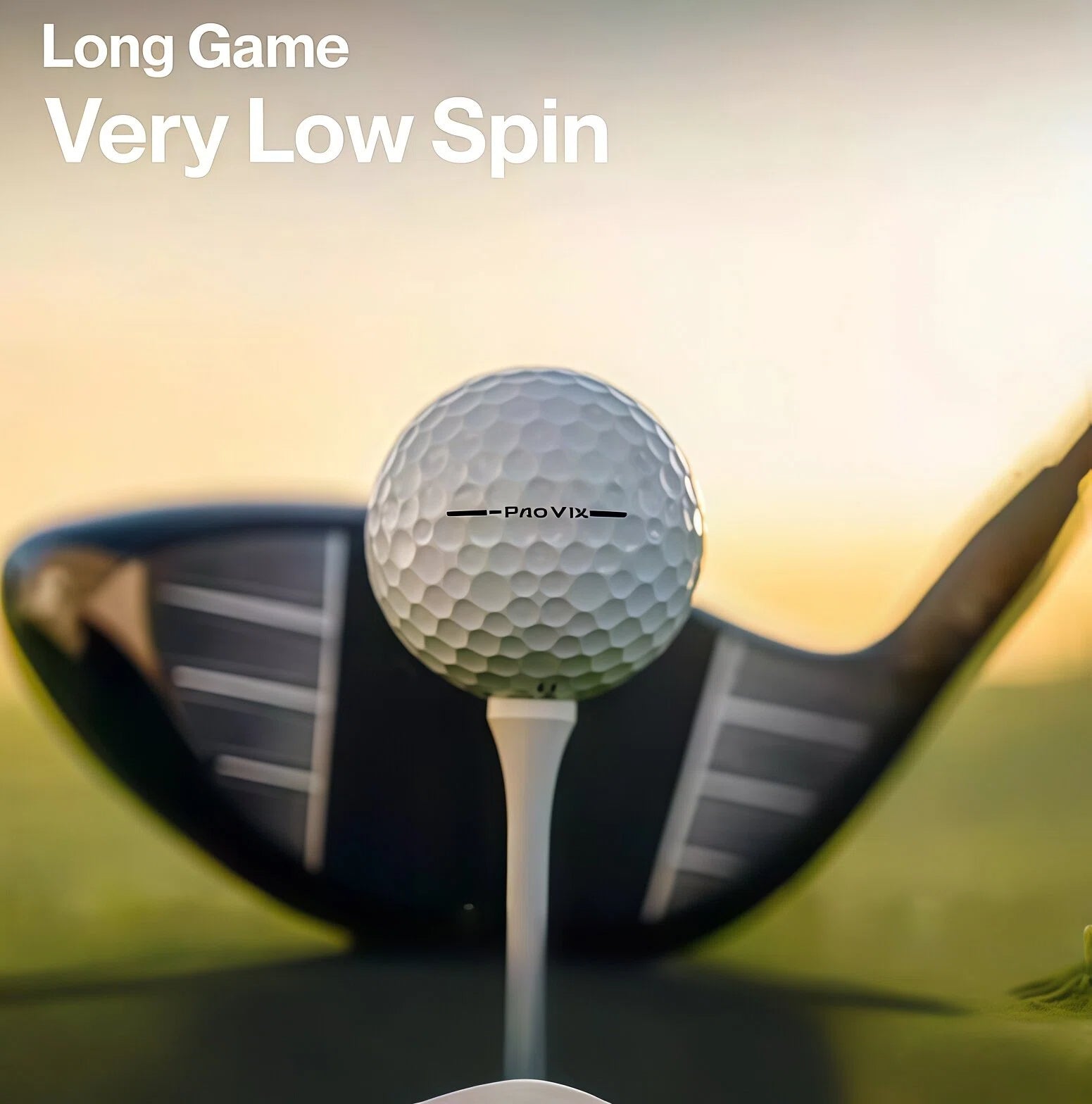 Titleist Pro V1x Left Dash golf ball on a tee with a driver in the background, showcasing its long game very low spin feature, ideal for golfers seeking maximum distance and control off the tee.