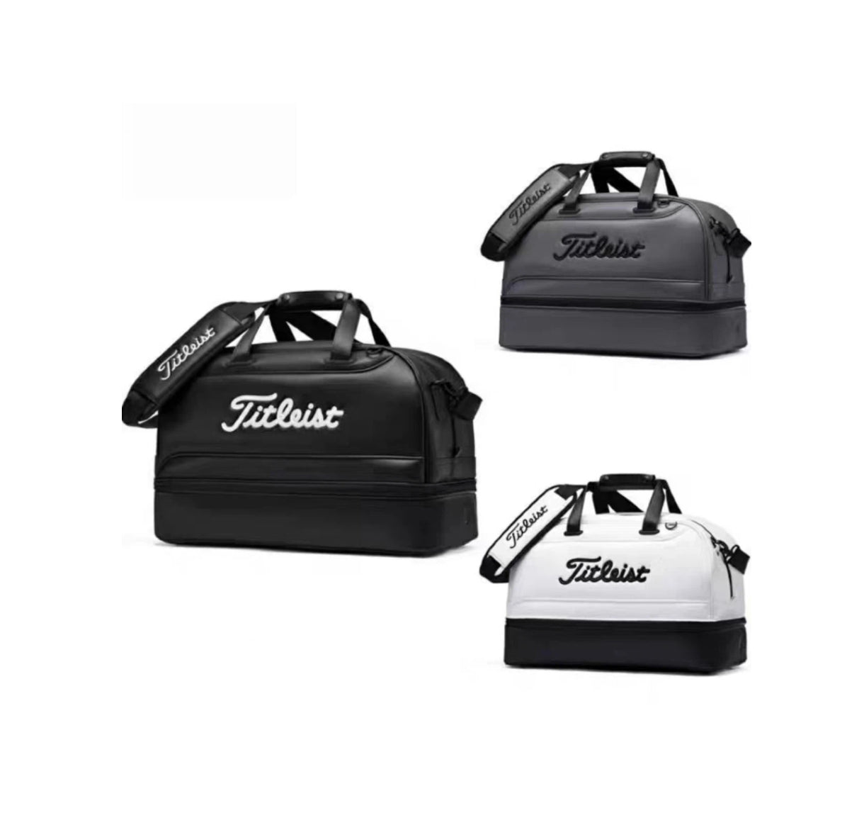 Collage showcasing three color options of the Titleist Shoe Bag: white with black trim, black with white logo, and charcoal gray with tonal logo. Designed for golf, travel, and gym use with dual compartments.