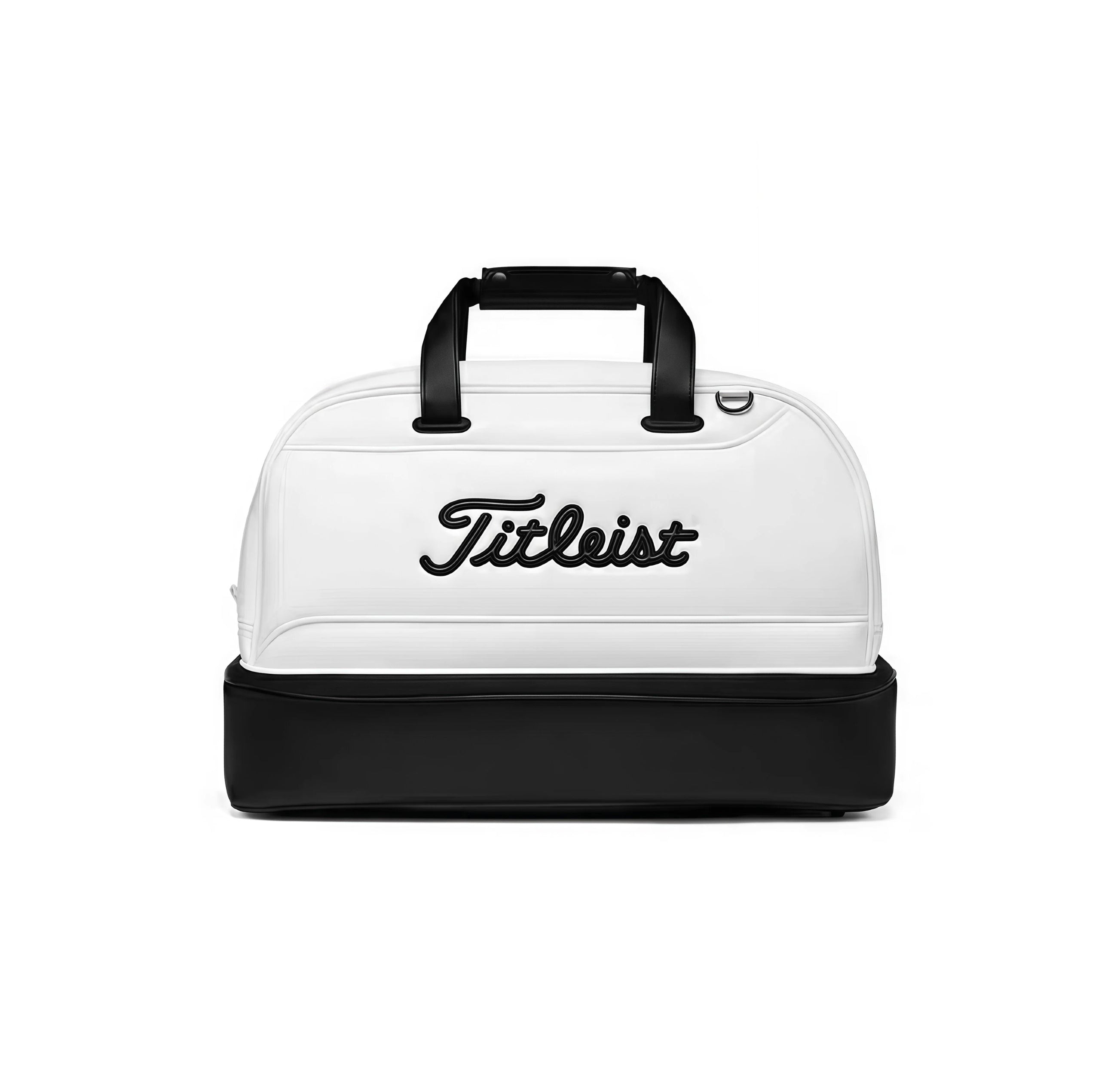 Front view of the white Titleist Shoe Bag featuring a black base, dual-compartment design, and embossed "Titleist" script logo. Ideal for golfers and travelers needing organized shoe storage.