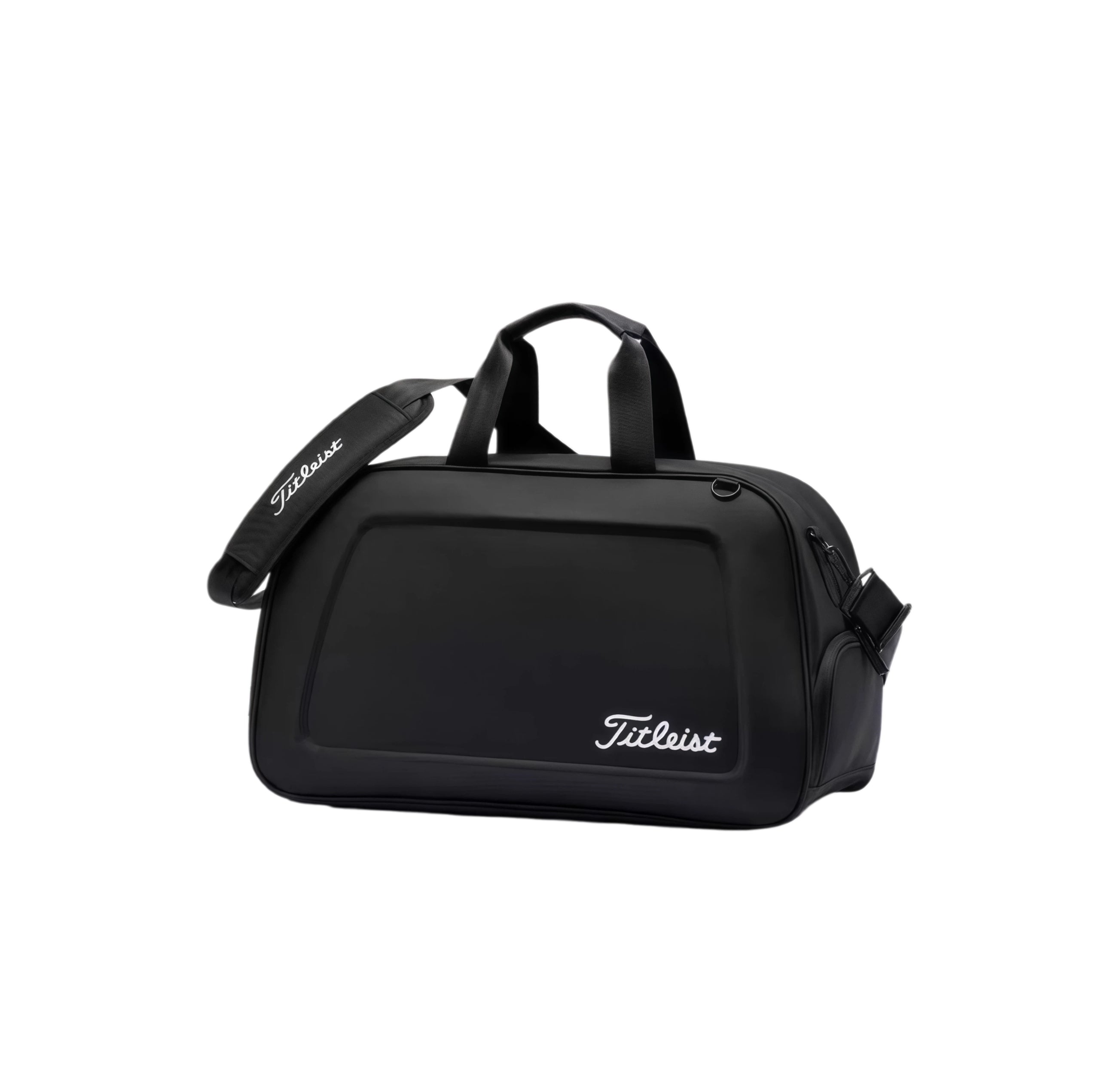 Solid black Titleist hard-shell duffel bag with smooth surface, white embroidered logo, and padded shoulder strap. A premium choice for men’s travel and golf gear.