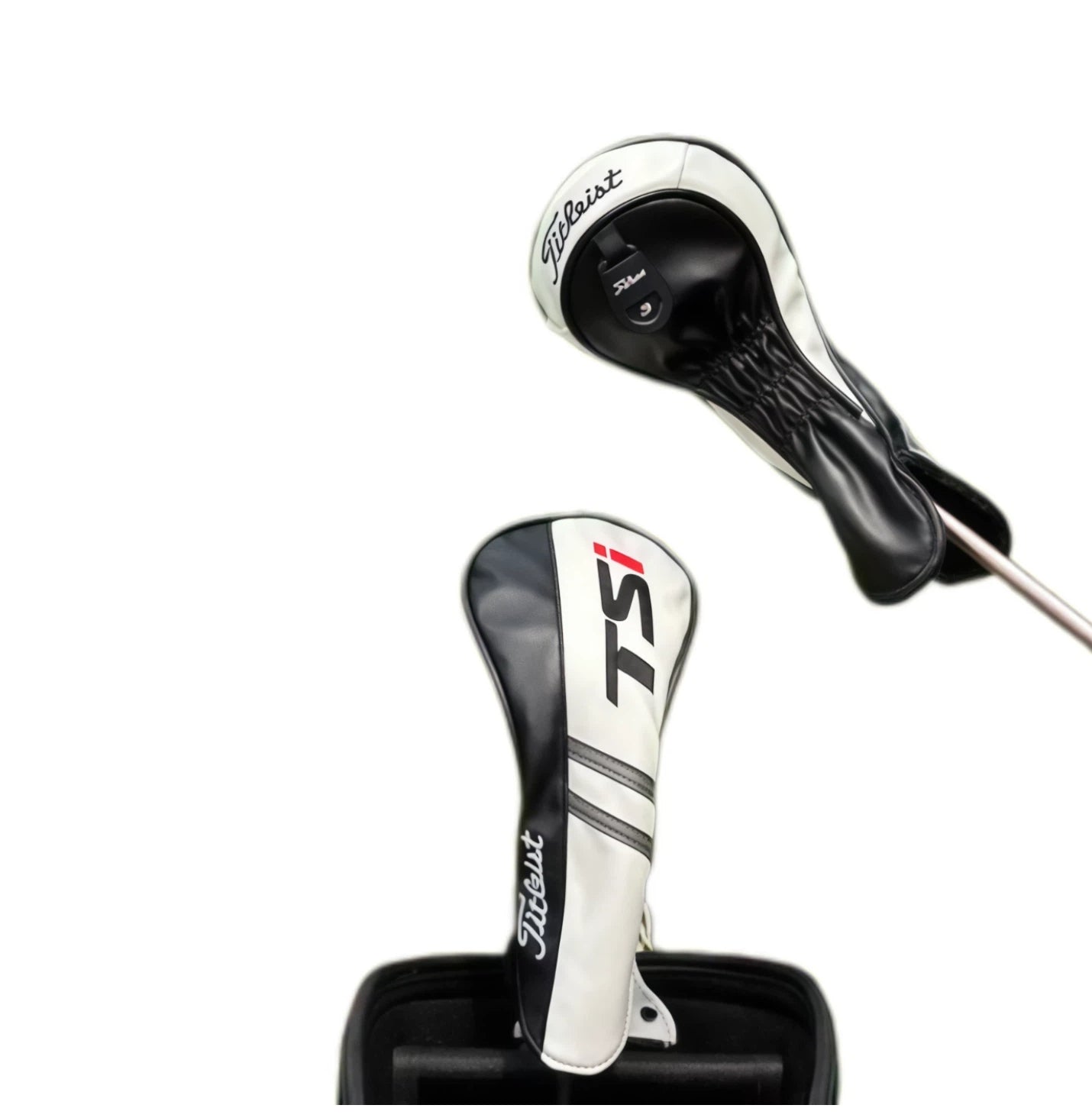 Side view of Titleist TSi golf driver headcover, showing its secure fit on a driver club shaft, with premium leather material and elasticized opening to prevent scratches and ensure a snug fit.