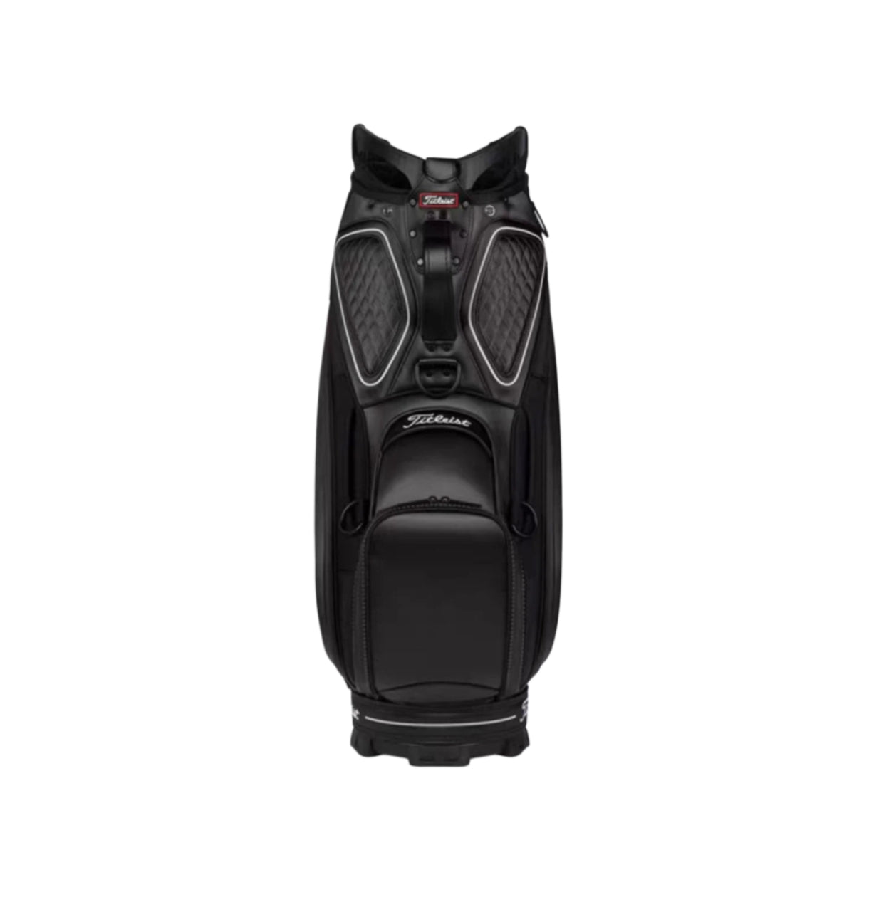 Front view of the all-black Titleist Tour golf bag with white contrast stitching and subtle branding. Designed for sleek performance, this bag features quilted panels, a central zippered pocket, and a sturdy base for stability when placed on the ground.