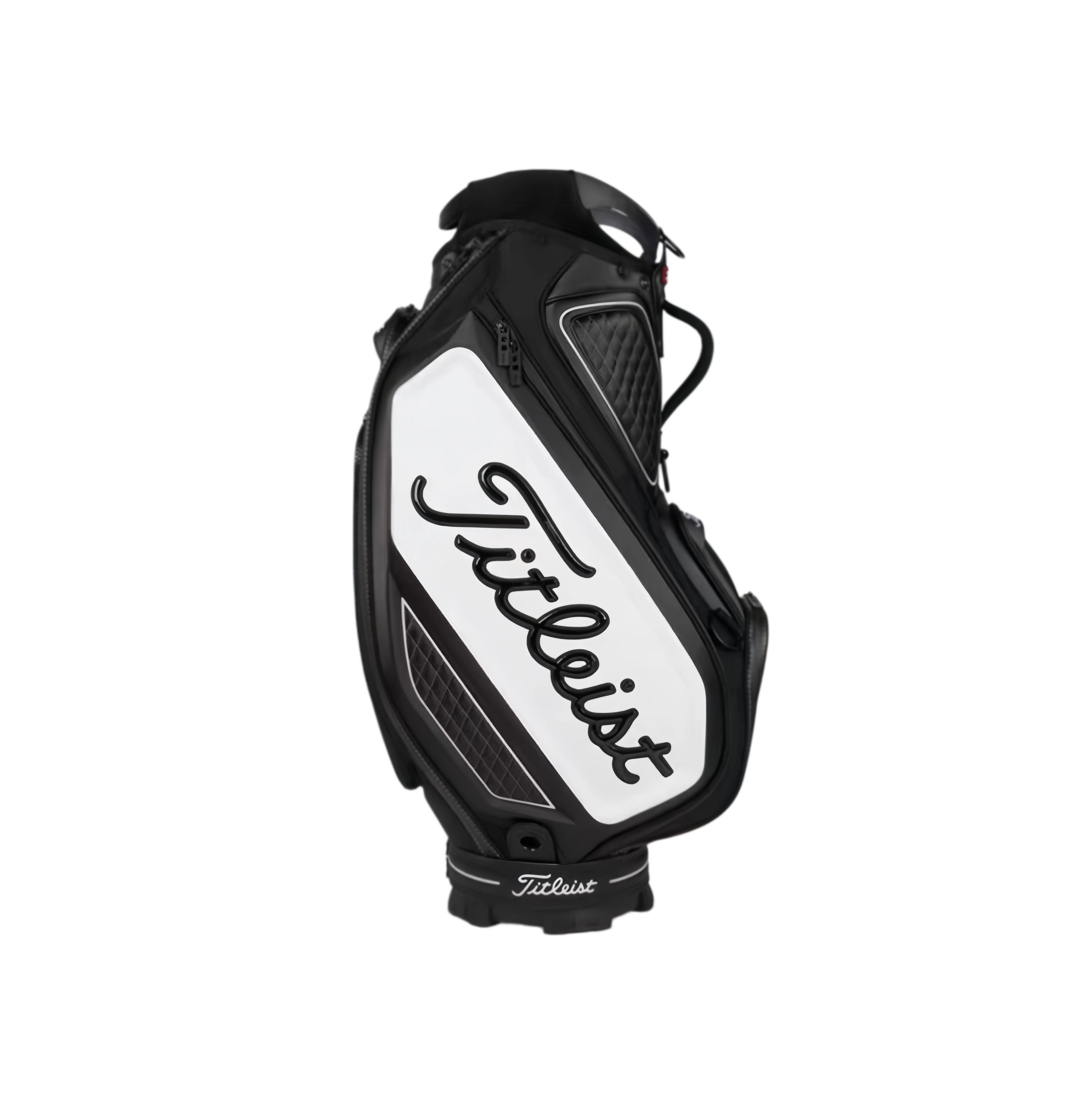 Back view of the Titleist Tour golf bag in black and white, featuring a large white panel with the iconic "Titleist" script logo in black. Includes ventilation zones, quilted padding, and a structured design for maximum protection and style.
