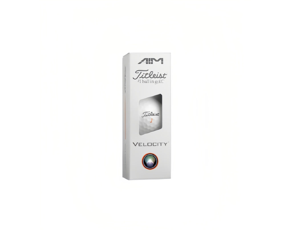 Titleist Velocity 2026 golf ball single sleeve packaging. The white box features a window displaying the ball inside, with "AIM" technology branding at the top and the Velocity logo at the bottom.