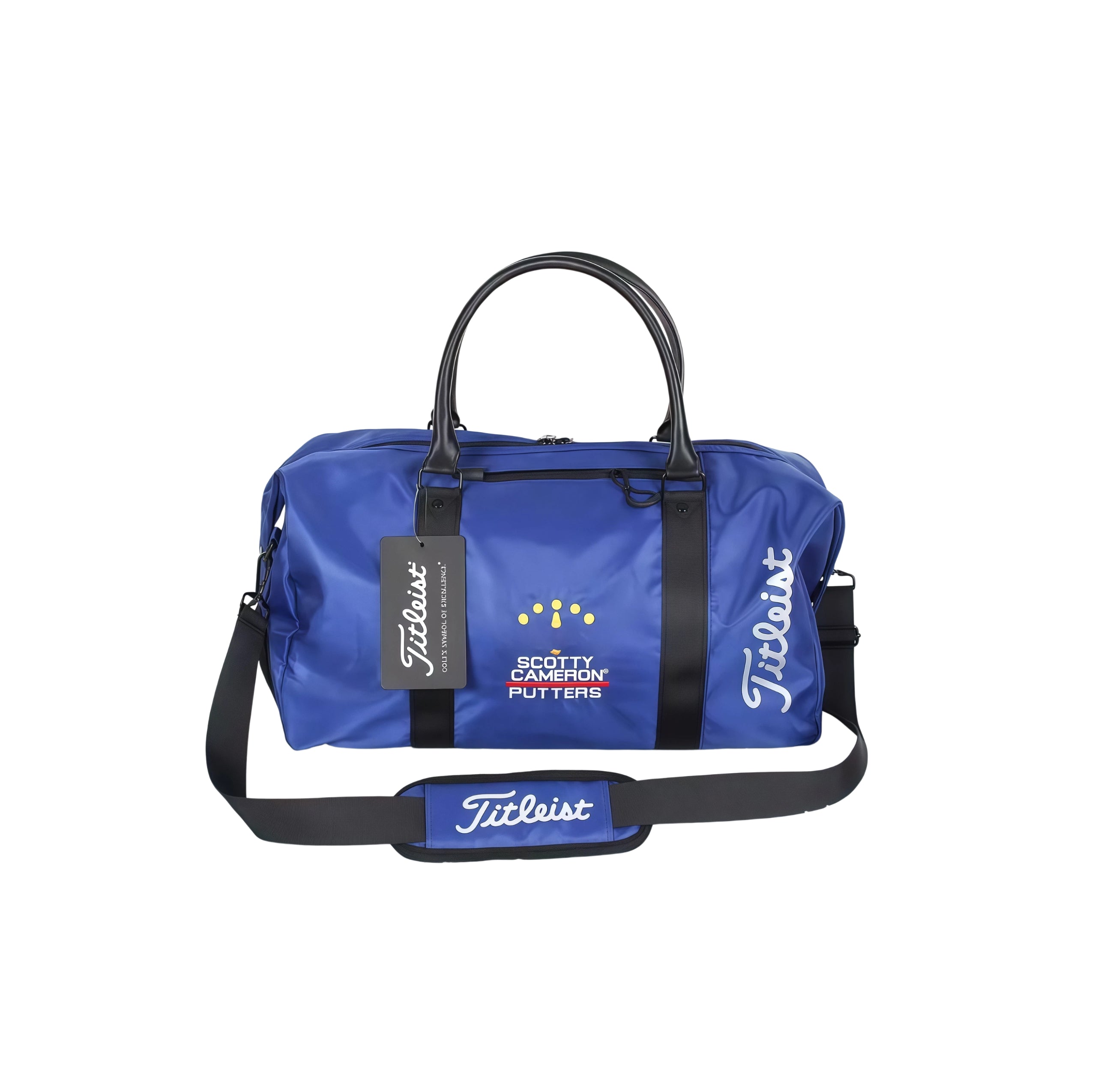 Full view of the royal blue Titleist x Scotty Cameron Duffel Bag with removable shoulder strap, retail tag, and dual branding. Designed for style-conscious golfers and collectors.
