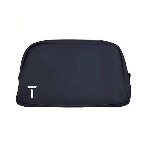 Top-down view of the black European Tour accessory pouch showing the centered white "T" logo and clean stitching. Designed for compact, organized storage.
