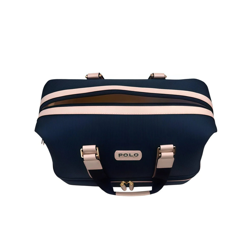 Top-down view of the Polo Golf Dual-Zip Duffel Bag showing the open main compartment with a sleek navy exterior and contrasting beige trim. Highlights spacious storage and premium stitching.