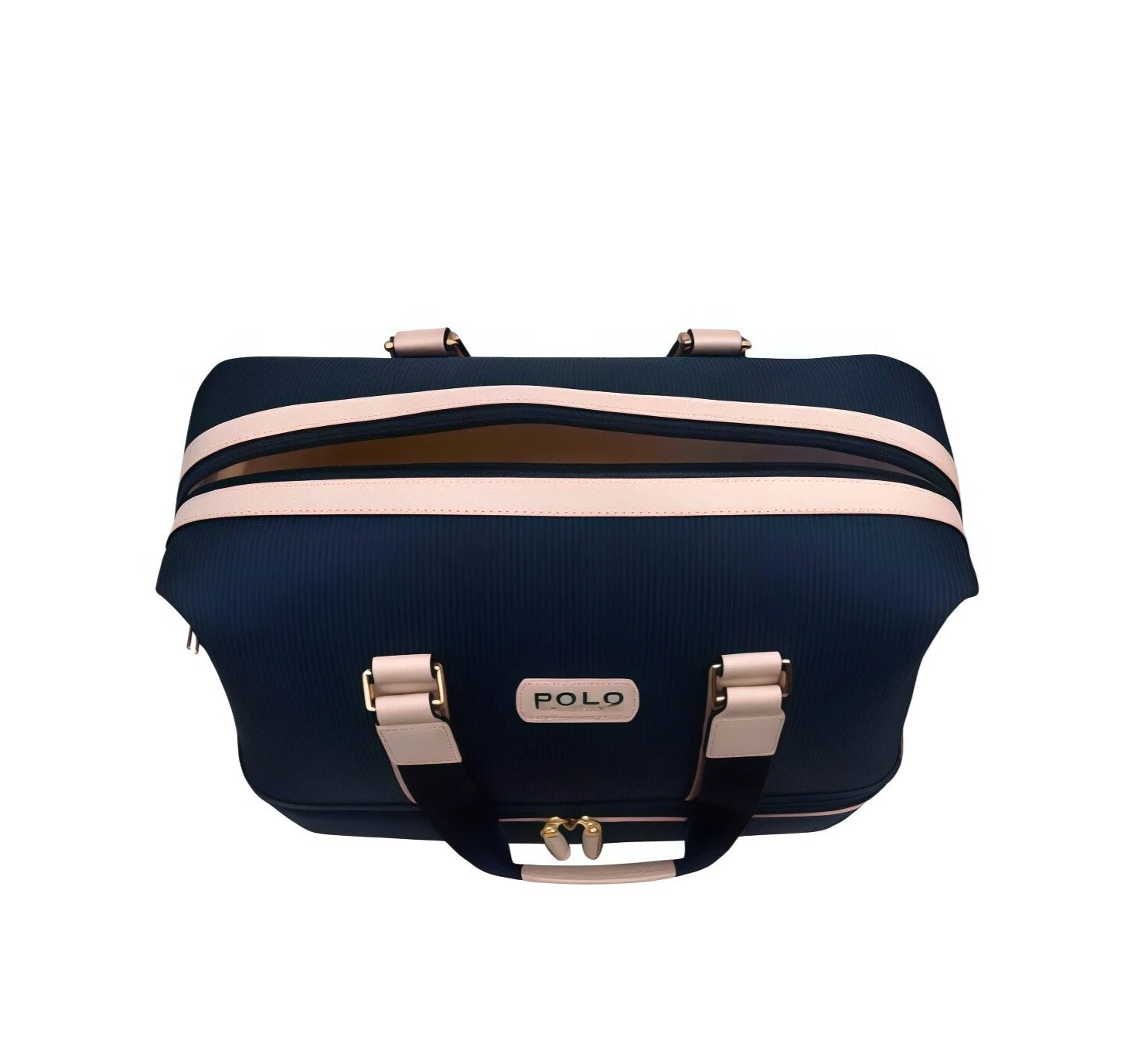 Top-down view of the Polo Golf Dual-Zip Duffel Bag showing the open main compartment with a sleek navy exterior and contrasting beige trim. Highlights spacious storage and premium stitching.