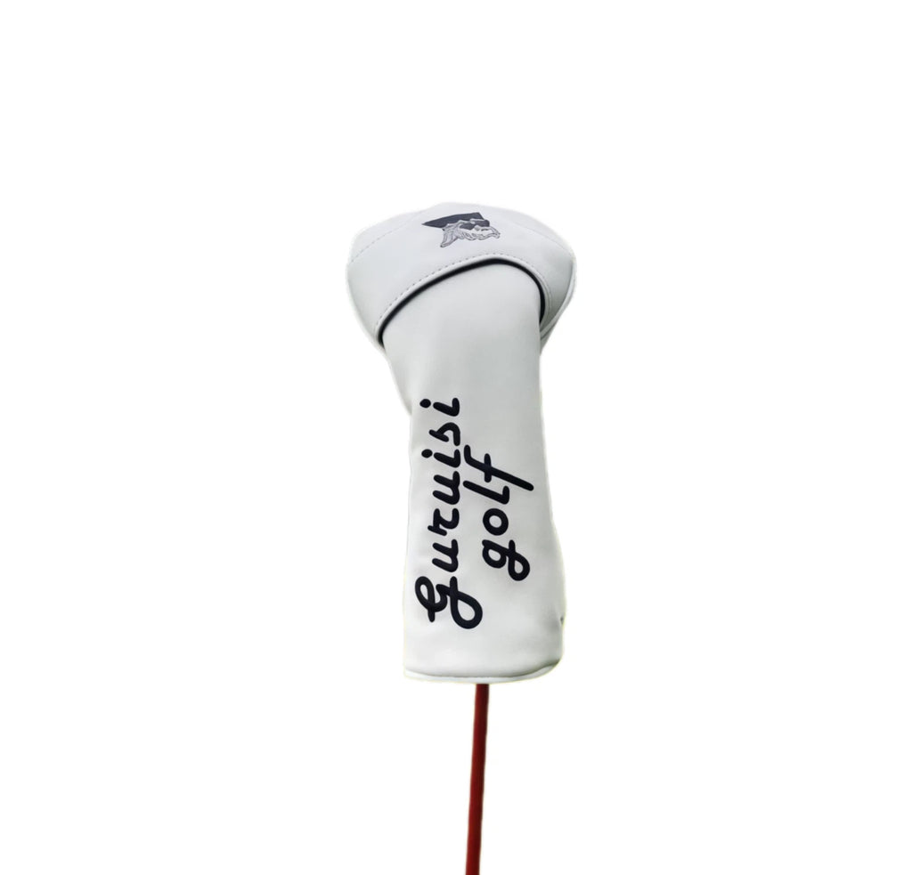 Side view of white universal golf headcover for driver or fairway wood, showcasing GuruGolf logo and streamlined shape for easy club identification.