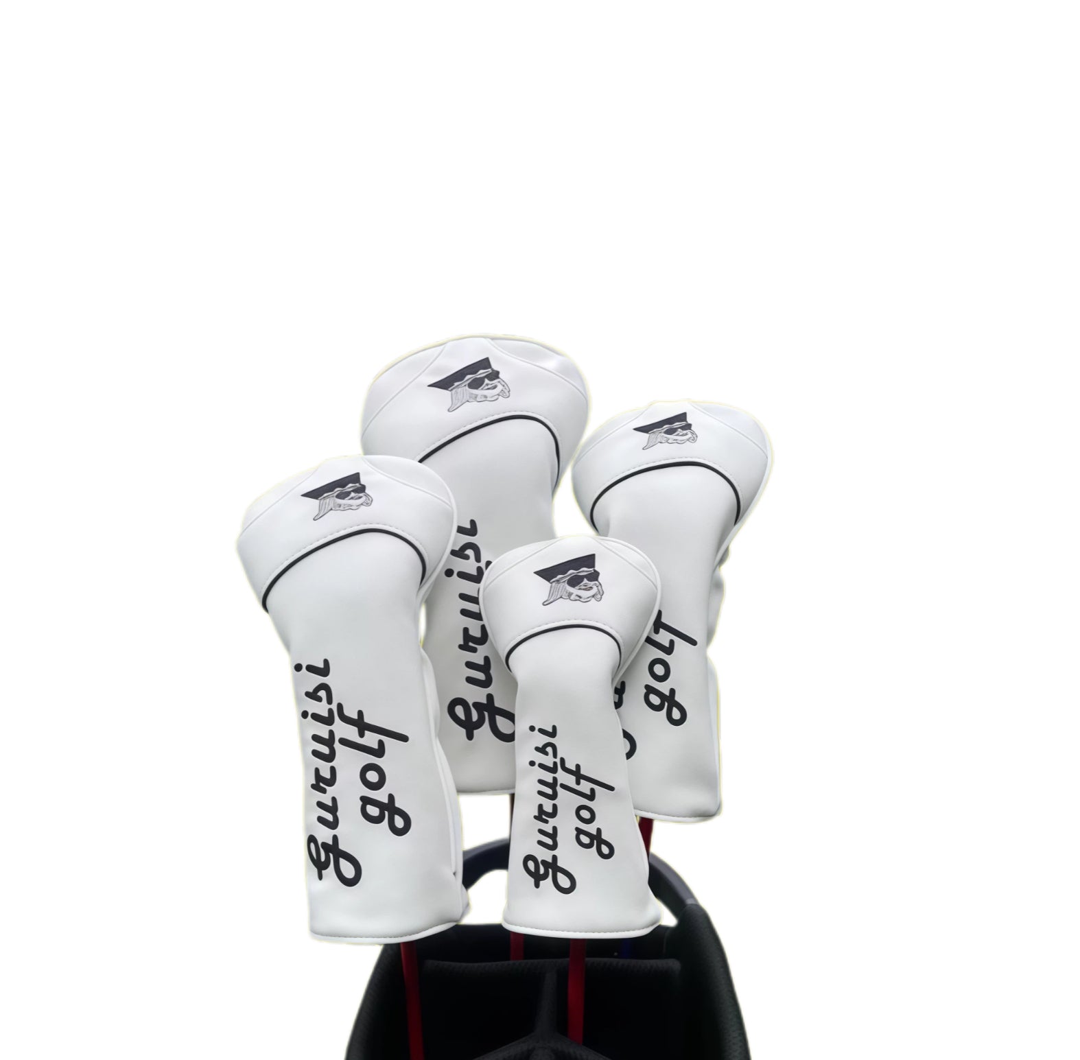 White universal golf headcovers set for woods and putters, featuring GuruGolf logo and sleek design, compatible with standard golf clubs.