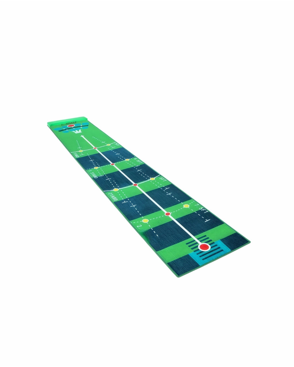 Two-way putting practice mat showing crystal velvet surface and target rings in yards and feet