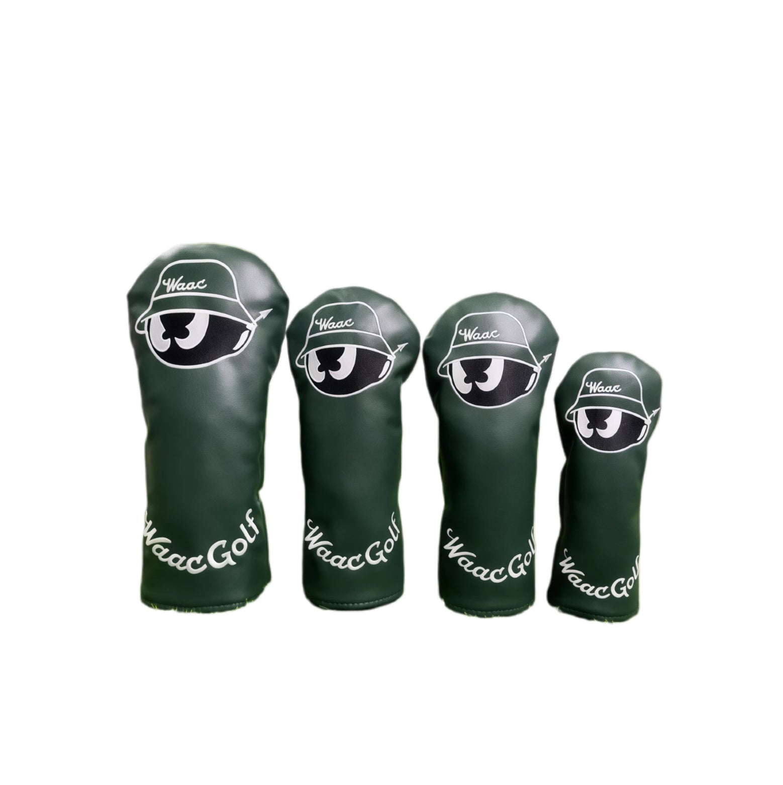 Waac Classic Green Cartoon Golf Headcover Set featuring white embroidered logo with "Waac" text on bucket hat design, includes driver, fairway wood, hybrid, and putter covers, universal fit for all golf clubs.