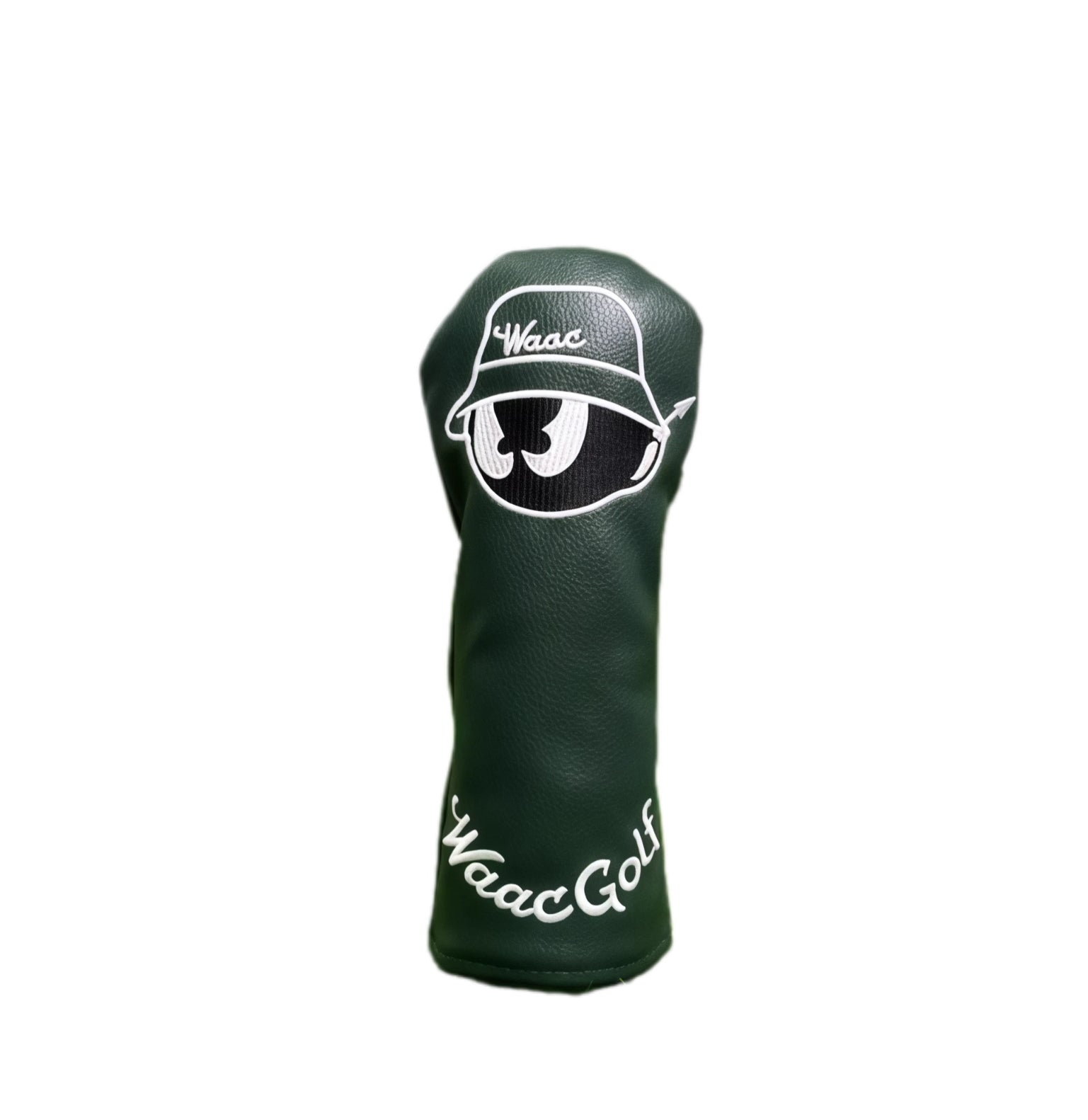Front view of Waac Classic Green Driver Headcover featuring cartoon character with bucket hat and "Waac" text, universal fit for golf clubs.