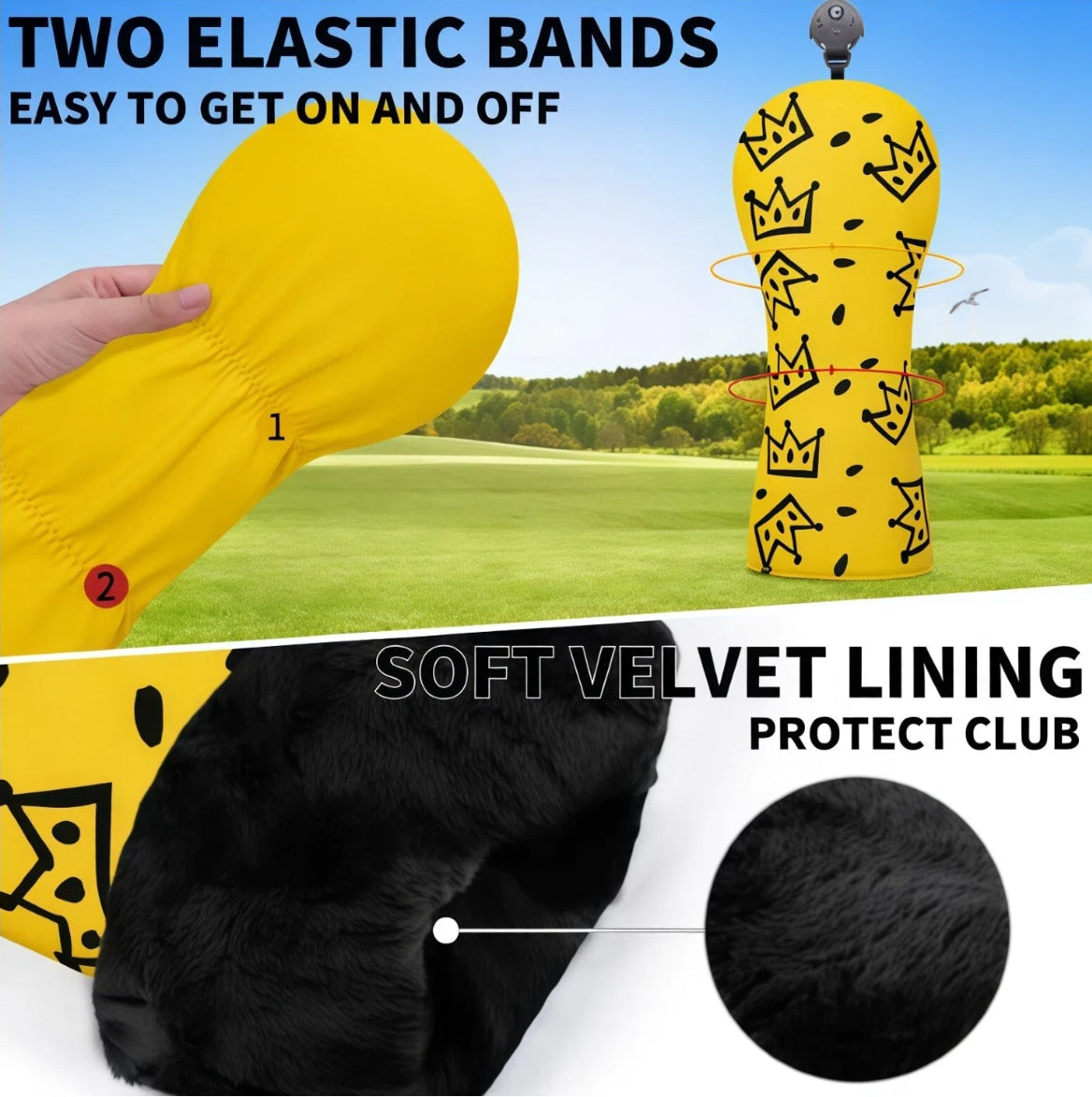 Close-up of Waac yellow golf headcover showing two elastic bands for easy on/off, and soft black velvet lining inside to protect club head from scratches; background features golf course for context.