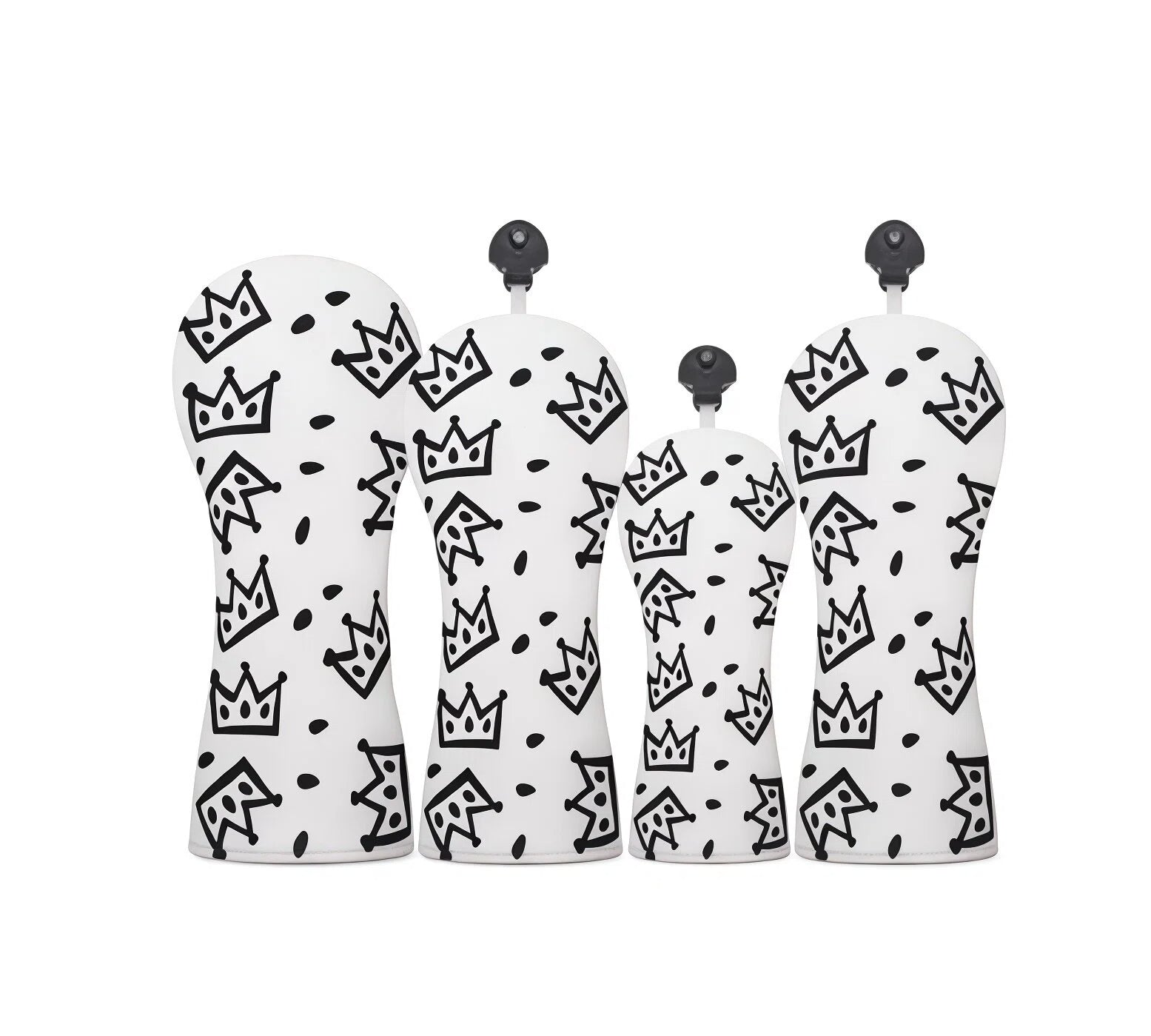 White Waac golf headcover set with black crown pattern, matching yellow version but in white base color; includes four covers for full set protection and stylish look on course.
