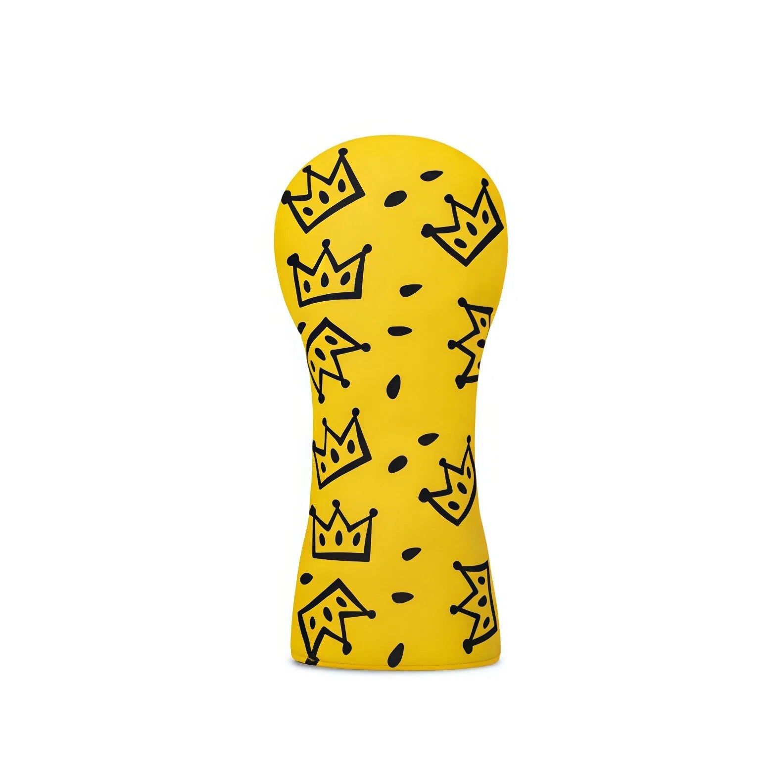 Front view of single yellow Waac golf headcover with black cartoon crown design, designed for driver or fairway wood; features elastic opening and durable PU leather construction.