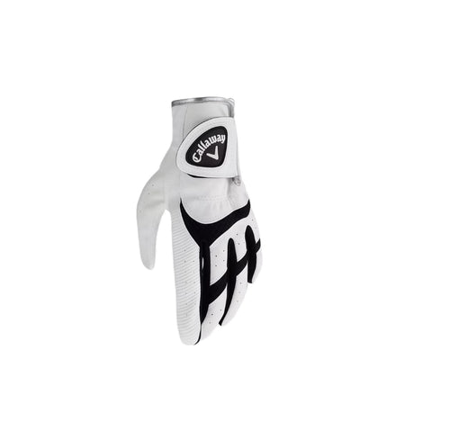 Callaway junior golf glove in white and black, designed for youth practice with breathable, durable material and non-slip palm (left hand).