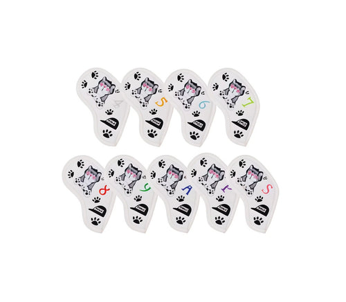 Close-up of a white kitten golf headcover set showing eight plush covers with playful gray cats in sunglasses, paw prints, and colorful numbers (4–S), perfect for protecting fairway woods and hybrids.