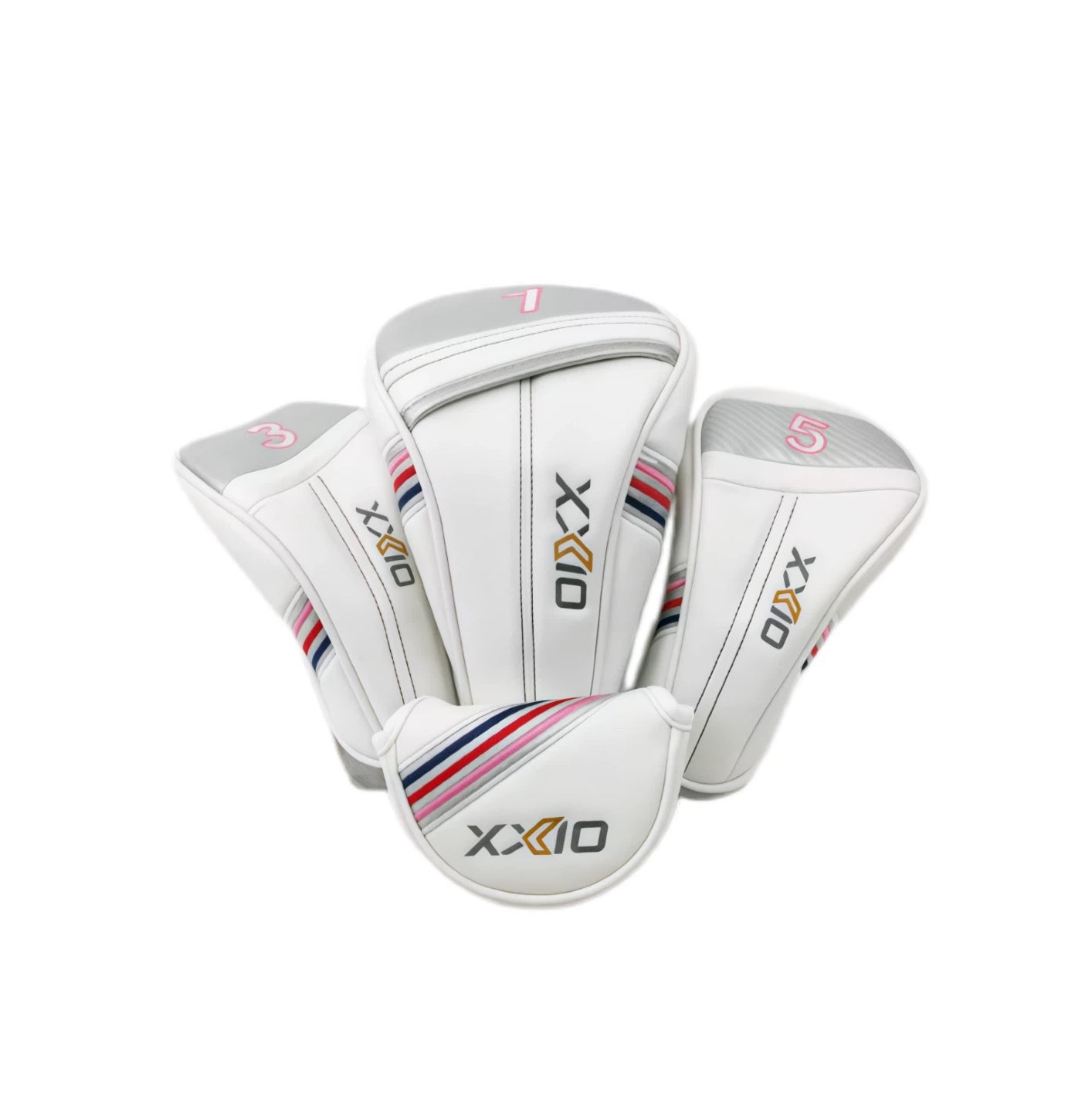 Complete XXIO golf headcover set including driver, fairway wood, hybrid, and mallet putter covers in white PU leather with bold pink, blue, and red stripes and "XXIO" logo — ideal for women's or premium golf gear enthusiasts.
