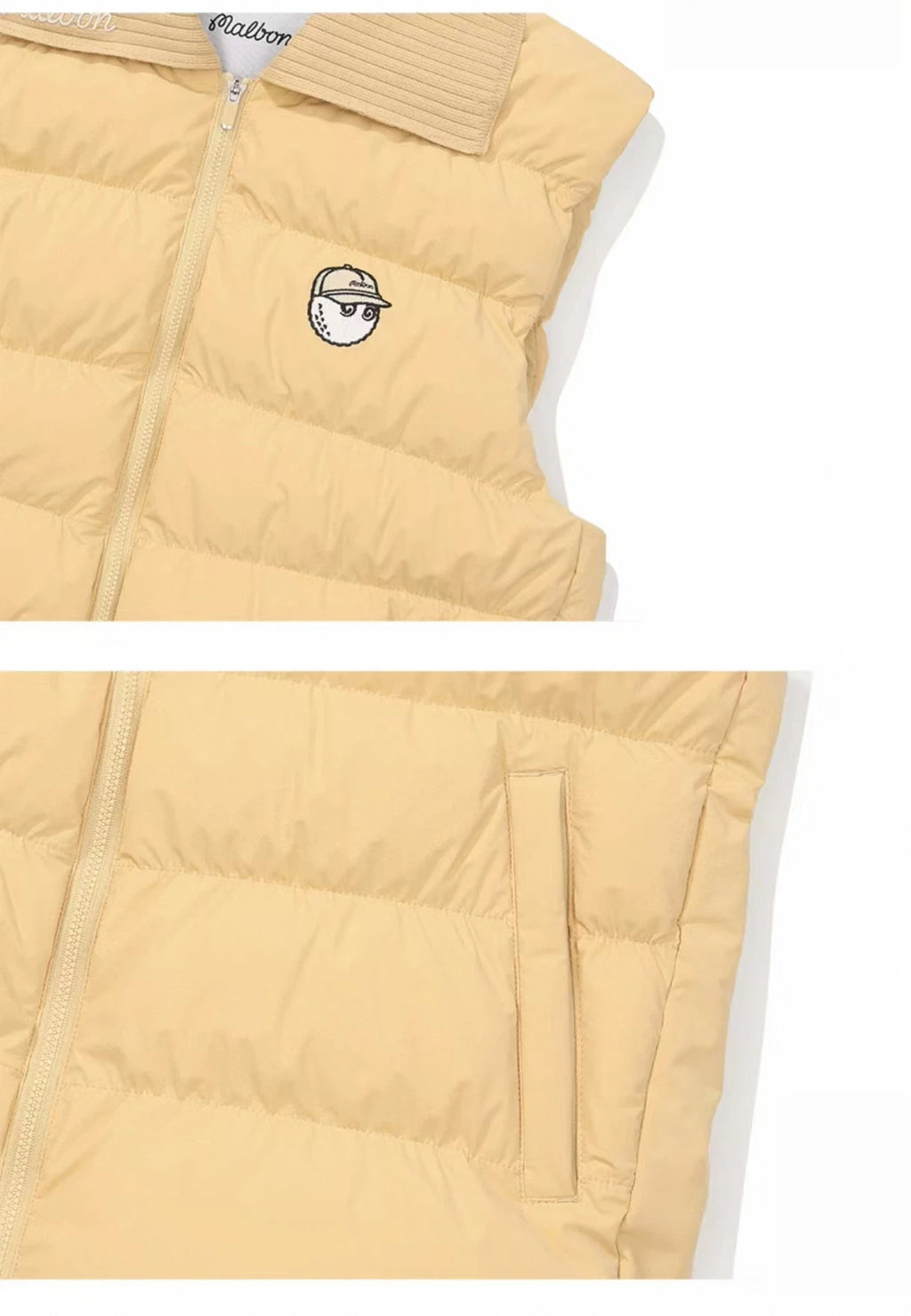 Malbon Golf Women’s Knit Collar Insulated Down Vest yellow chest and pocket detail