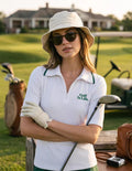 Devereux women’s White quarter-zip golf polo front model view