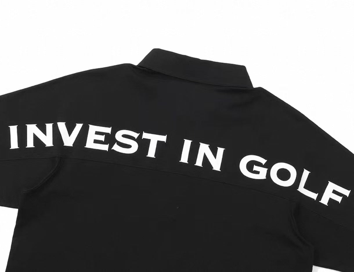 Malbon men's casual quick-dry golf polo shirt in Black, lifestyle front view