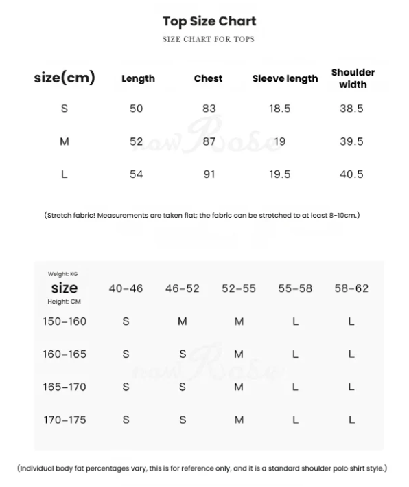 NowRose women’s golf polo size chart