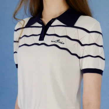 NowRose White and Navy lightweight golf polo detail