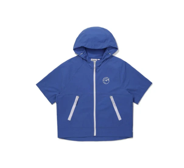 Malbon Women Golf Jacket Detachable Sleeve Hooded Windbreaker Blue collar and logo detail