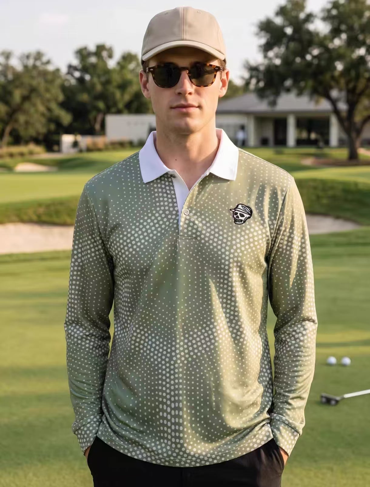 Devereux Golf Men’s Green Gradient Polka Dot Long Sleeve Polo Shirt in Green - product view