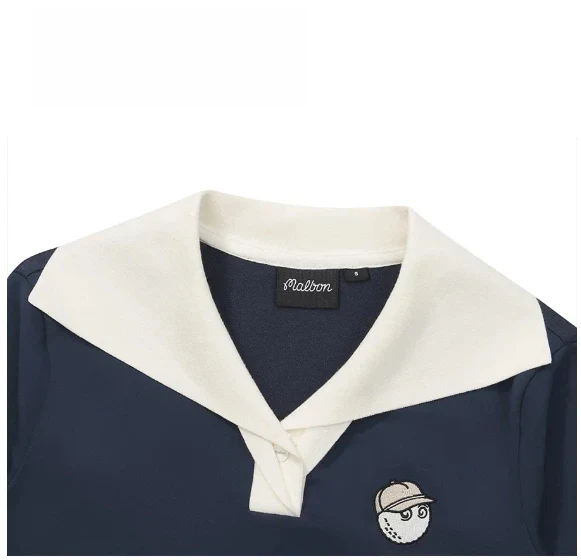 Malbon Women Golf Ice Silk Polo Shirt Knit Collar Top 2026 Navy Blue collar and logo detail