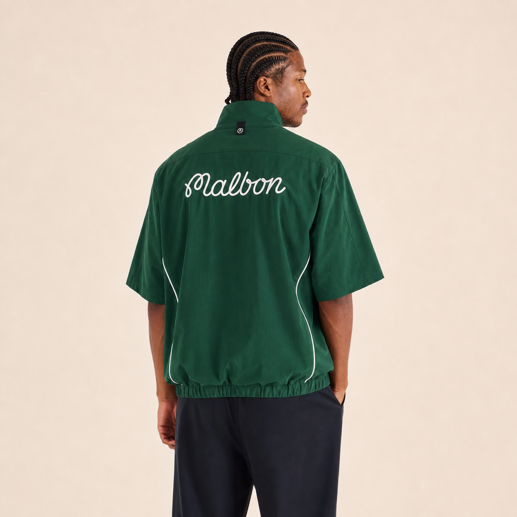 Malbon Links Windshirt Forest Green collar and zipper detail