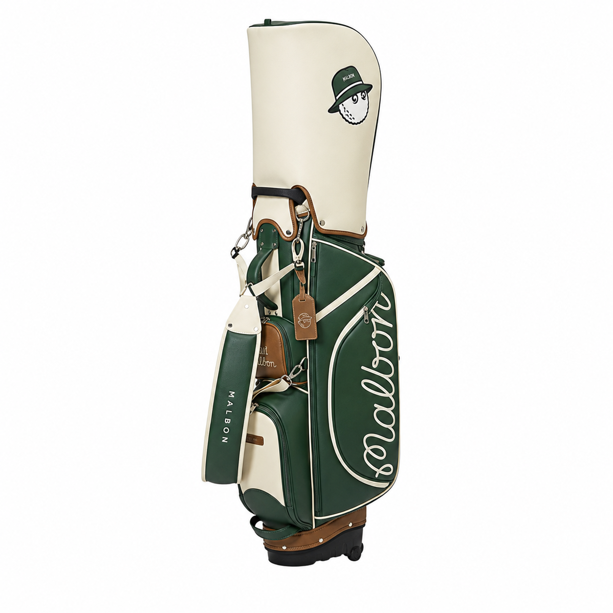 Malbon green and cream golf stand bag square product image on white background