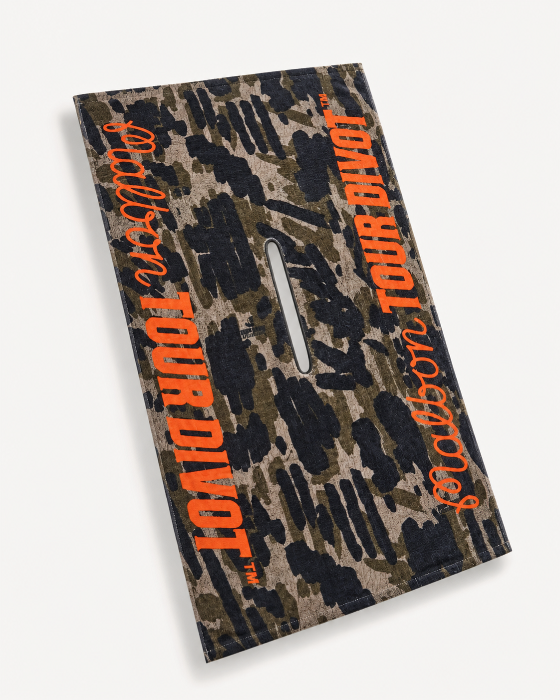 Malbon Tour Divot Camo golf towel in Bark Camo with orange branding, three-quarter studio view