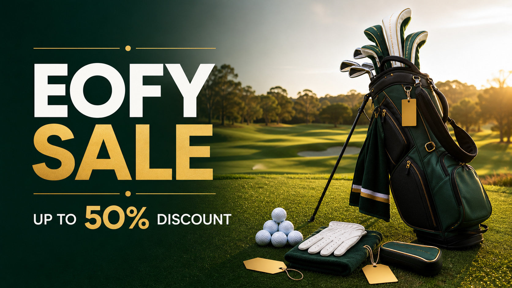 EOFY Sale up to 50% off - premium green golf bag, balls and gloves on Australian golf course at golden hour